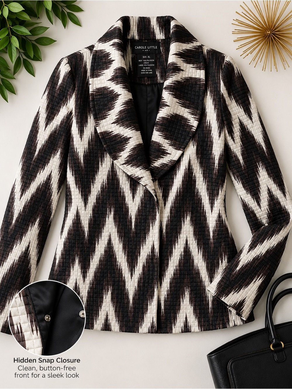 Carole Little Textured Abstract Print Jacket – Women’s XL – Black, Brown & Ivory - Picture 1 of 6